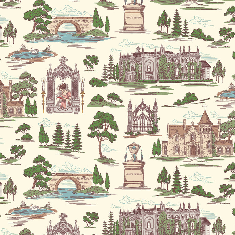 Northanger Abbey Abbey Cloud fabric with English estates, bridges, trees, and garden scenes on cream.