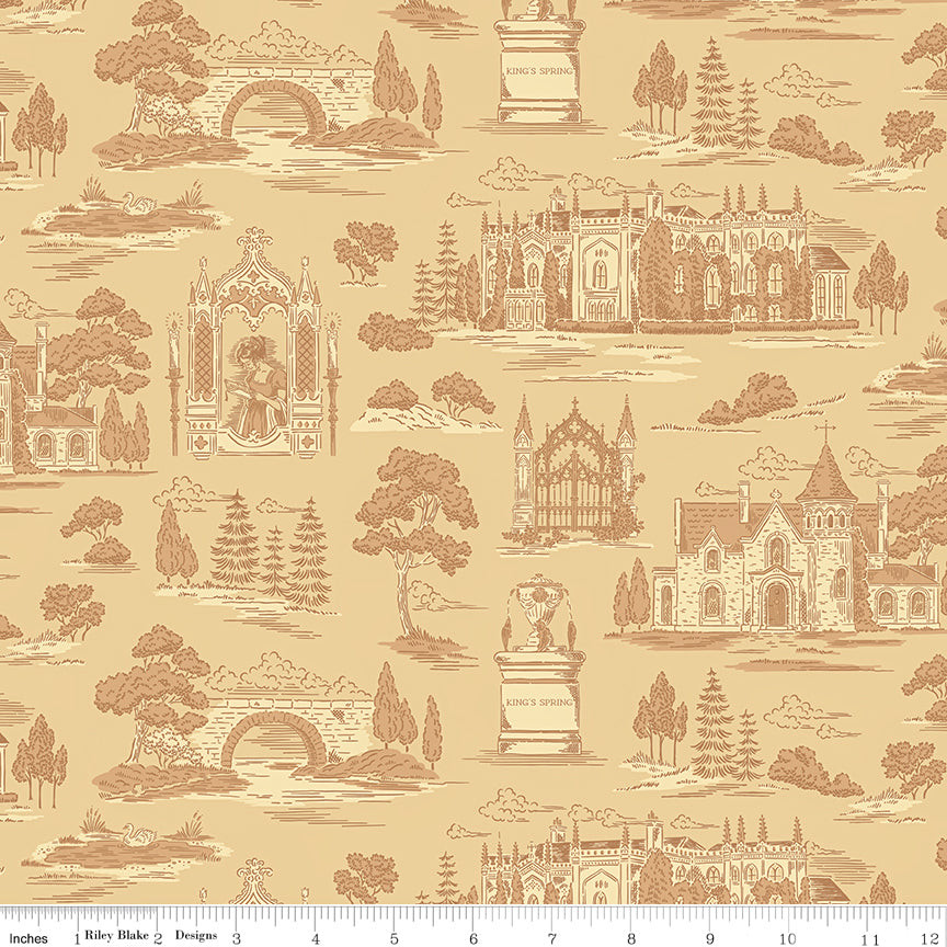 Northanger Abbey Abbey Vanilla fabric with sepia estates, bridges, trees, and garden scenes on tan with ruler for scale.
