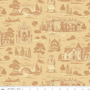 Northanger Abbey Abbey Vanilla fabric with sepia estates, bridges, trees, and garden scenes on tan with ruler for scale.