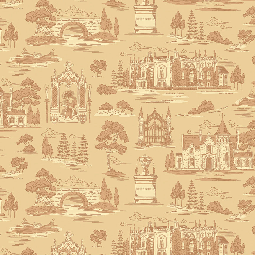 Northanger Abbey Abbey Vanilla fabric with sepia estates, bridges, trees, and garden scenes on tan.