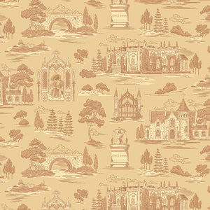 Northanger Abbey Abbey Vanilla fabric with sepia estates, bridges, trees, and garden scenes on tan.