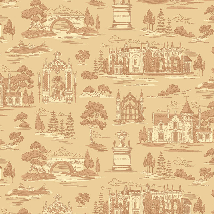 Northanger Abbey Abbey Vanilla fabric with sepia estates, bridges, trees, and garden scenes on tan.