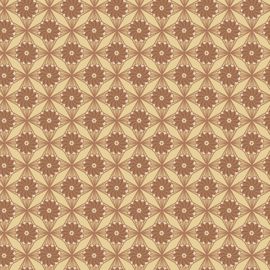Northanger Abbey Fullerton fabric with brown flowers and radiating geometric lines on warm tan.