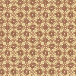 Northanger Abbey Fullerton fabric with brown flowers and radiating geometric lines on warm tan.