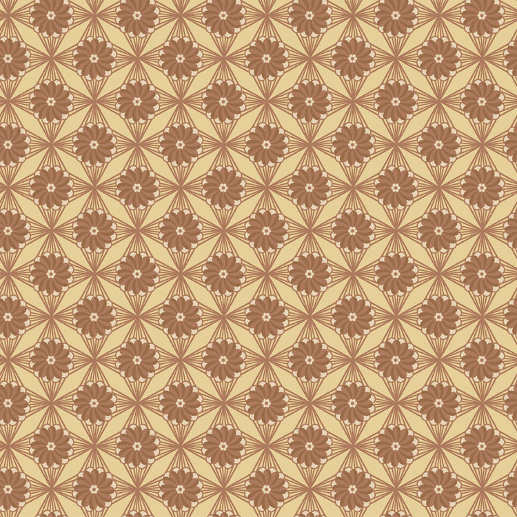 Northanger Abbey Fullerton fabric with brown flowers and radiating geometric lines on warm tan.