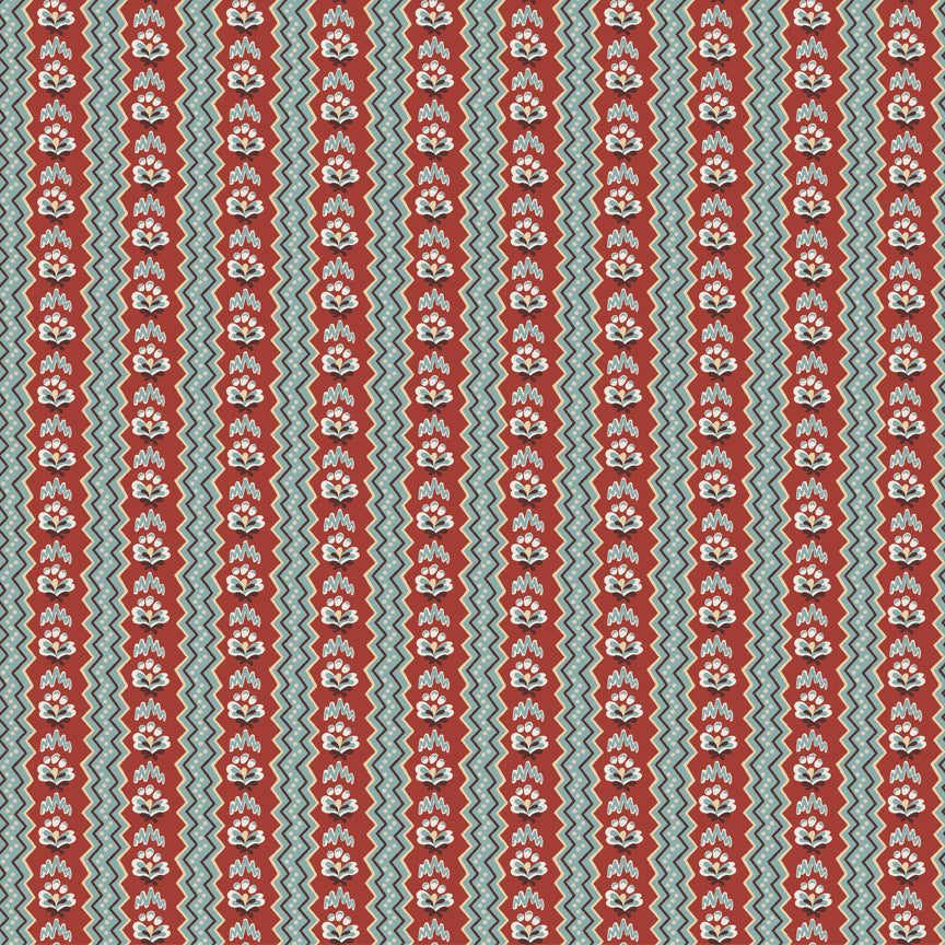 Northanger Abbey General fabric with rust floral stripes, teal accents, and cream zigzag bands.