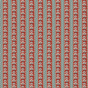 Northanger Abbey General fabric with rust floral stripes, teal accents, and cream zigzag bands.
