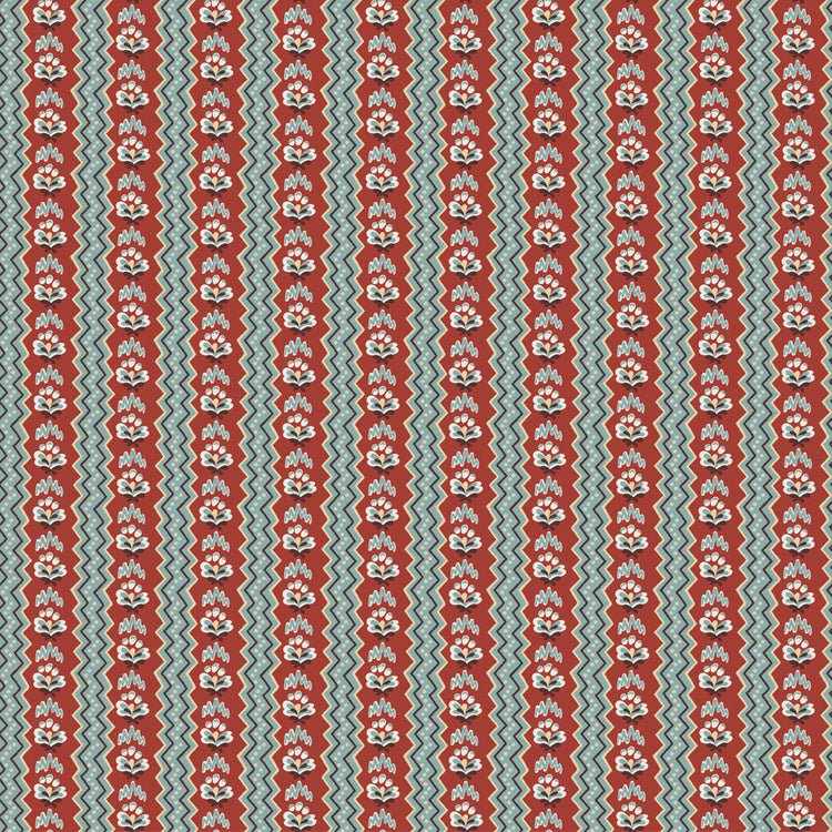 Northanger Abbey General fabric with rust floral stripes, teal accents, and cream zigzag bands.