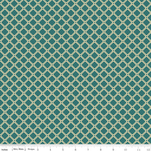 Northanger Abbey Tilney Azure fabric with cream lattice diamonds on a rich teal background with ruler for scale.