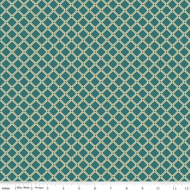 Northanger Abbey Tilney Azure fabric with cream lattice diamonds on a rich teal background with ruler for scale.