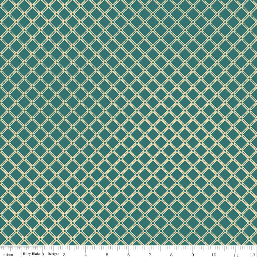 Northanger Abbey Tilney Azure fabric with cream lattice diamonds on a rich teal background with ruler for scale.