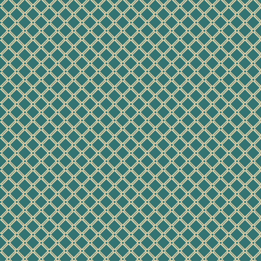 Northanger Abbey Tilney Azure fabric with cream lattice diamonds on a rich teal background.