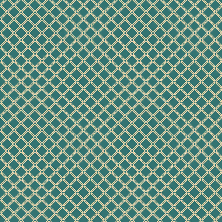 Northanger Abbey Tilney Azure fabric with cream lattice diamonds on a rich teal background.