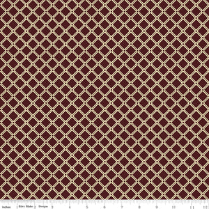 Northanger Abbey Tilney Merlot fabric with cream lattice diamonds on a deep merlot background with ruler for scale.