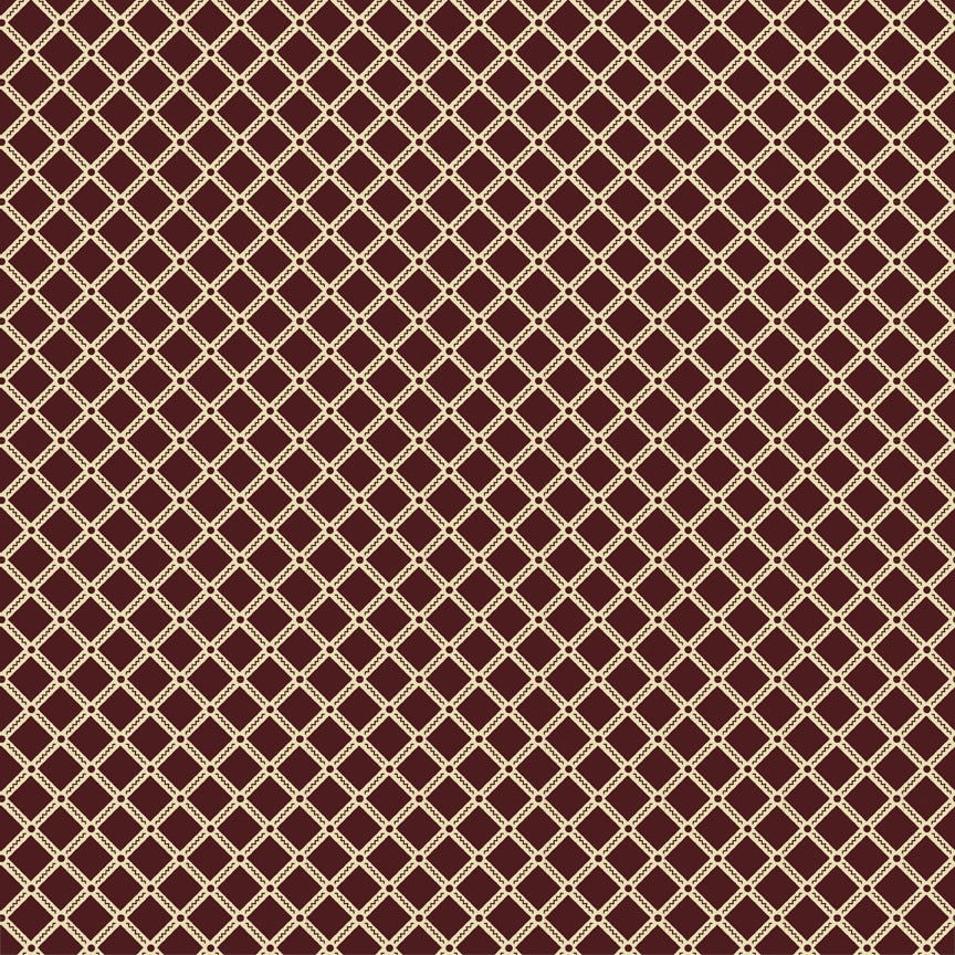 Northanger Abbey Tilney Merlot fabric with cream lattice diamonds on a deep merlot background.