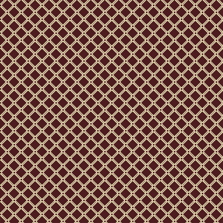 Northanger Abbey Tilney Merlot fabric with cream lattice diamonds on a deep merlot background.