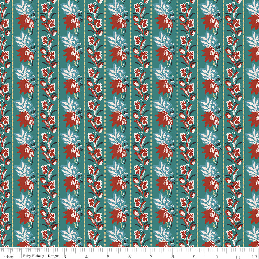 Northanger Abbey Mrs. Allen fabric with red floral stripes and pale blue leaves on teal with ruler for scale.