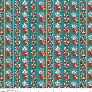 Northanger Abbey Mrs. Allen fabric with red floral stripes and pale blue leaves on teal with ruler for scale.