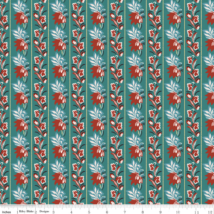 Northanger Abbey Mrs. Allen fabric with red floral stripes and pale blue leaves on teal with ruler for scale.