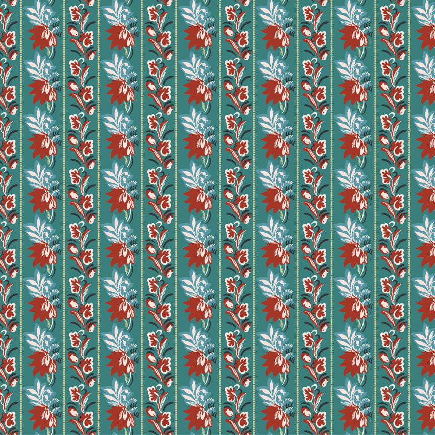 Northanger Abbey Mrs. Allen fabric with red floral stripes and pale blue leaves on teal.
