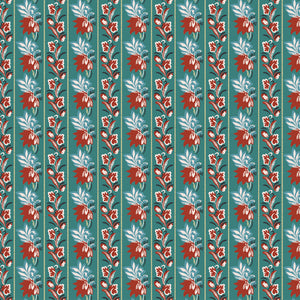 Northanger Abbey Mrs. Allen fabric with red floral stripes and pale blue leaves on teal.