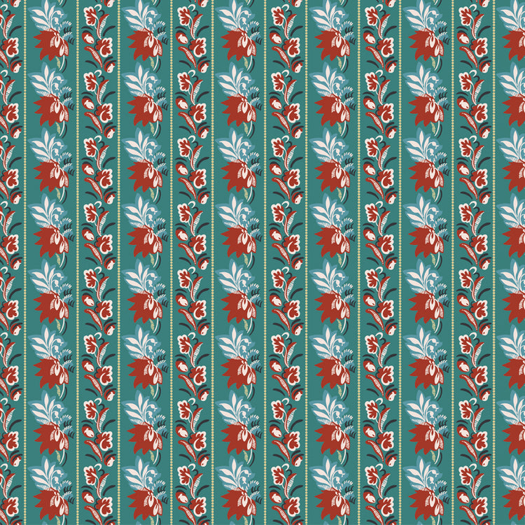 Northanger Abbey Mrs. Allen fabric with red floral stripes and pale blue leaves on teal.