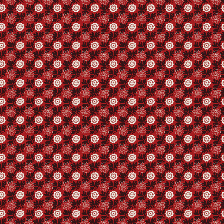 Northanger Abbey Captain fabric with cream and red flowers in a dense repeat on deep red.