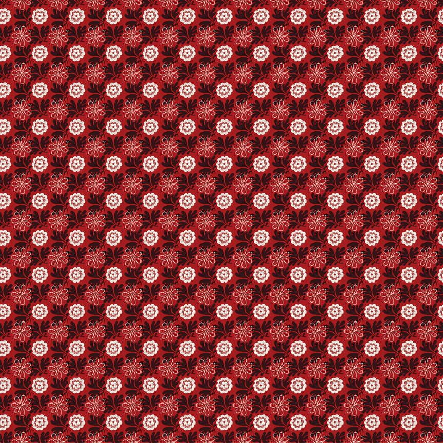 Northanger Abbey Captain fabric with cream and red flowers in a dense repeat on deep red.