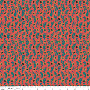 Northanger Abbey Sarah fabric with teal sprigs and olive flowers on a warm coral background with ruler for scale.