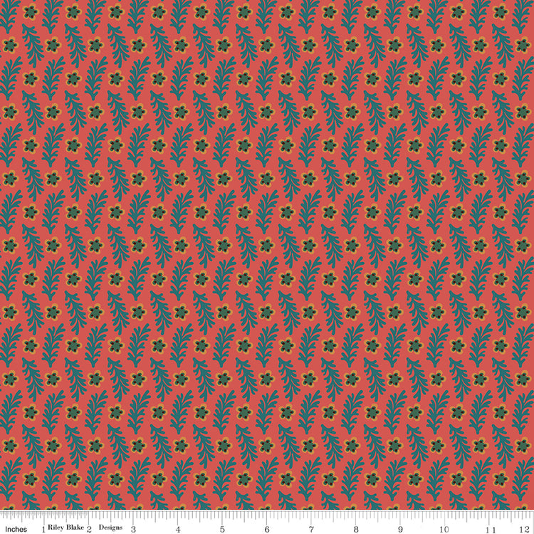 Northanger Abbey Sarah fabric with teal sprigs and olive flowers on a warm coral background with ruler for scale.