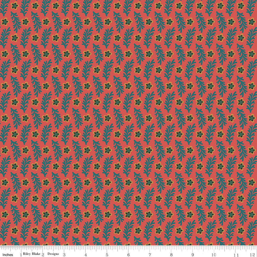 Northanger Abbey Sarah fabric with teal sprigs and olive flowers on a warm coral background with ruler for scale.