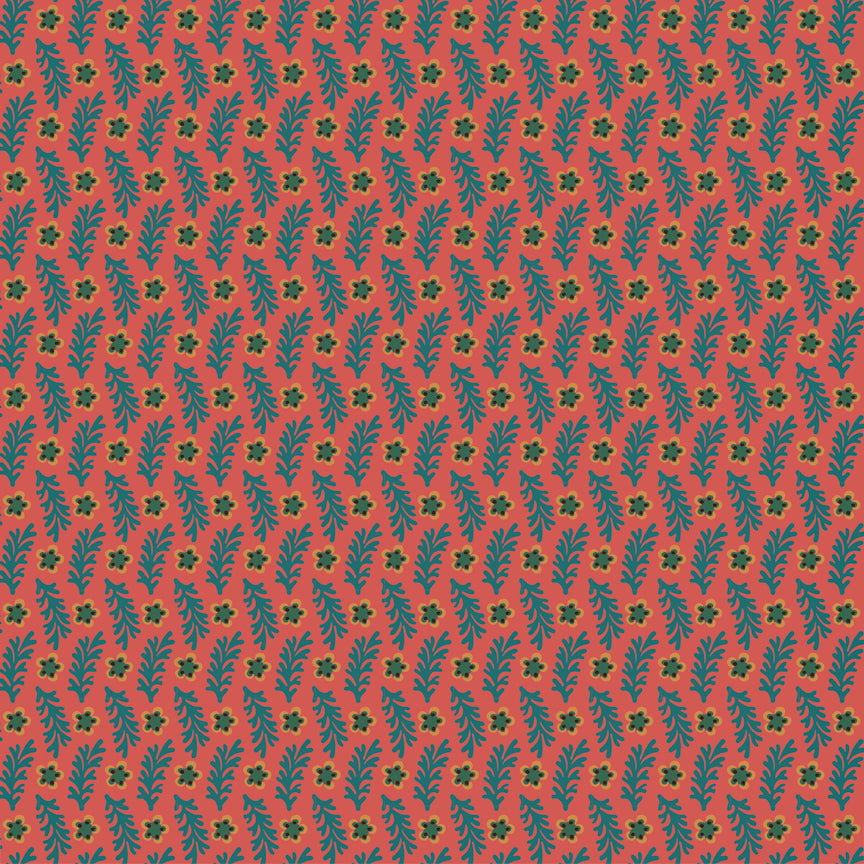 Northanger Abbey Sarah fabric with teal sprigs and olive flowers on a warm coral background.