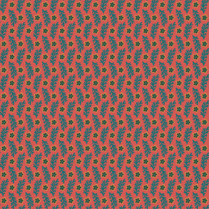 Northanger Abbey Sarah fabric with teal sprigs and olive flowers on a warm coral background.