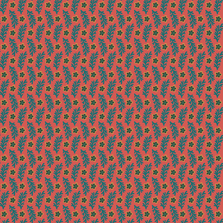 Northanger Abbey Sarah fabric with teal sprigs and olive flowers on a warm coral background.