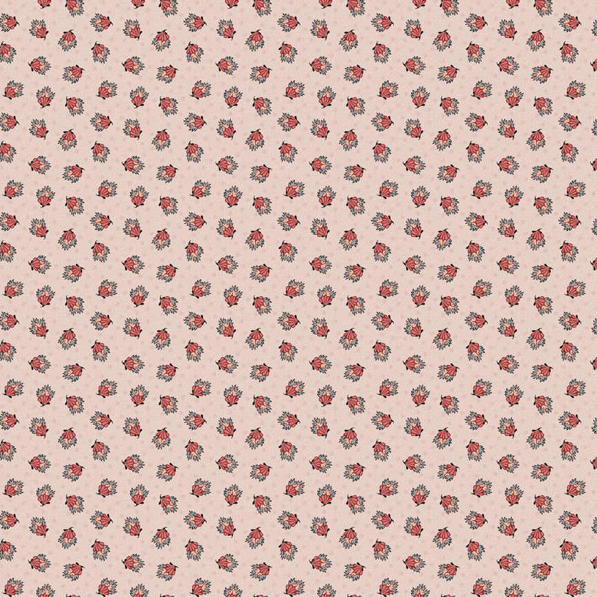 Northanger Abbey Frederick fabric with tiny coral and teal floral sprigs on a soft cream background.