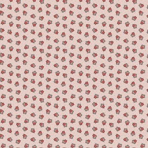 Northanger Abbey Frederick fabric with tiny coral and teal floral sprigs on a soft cream background.