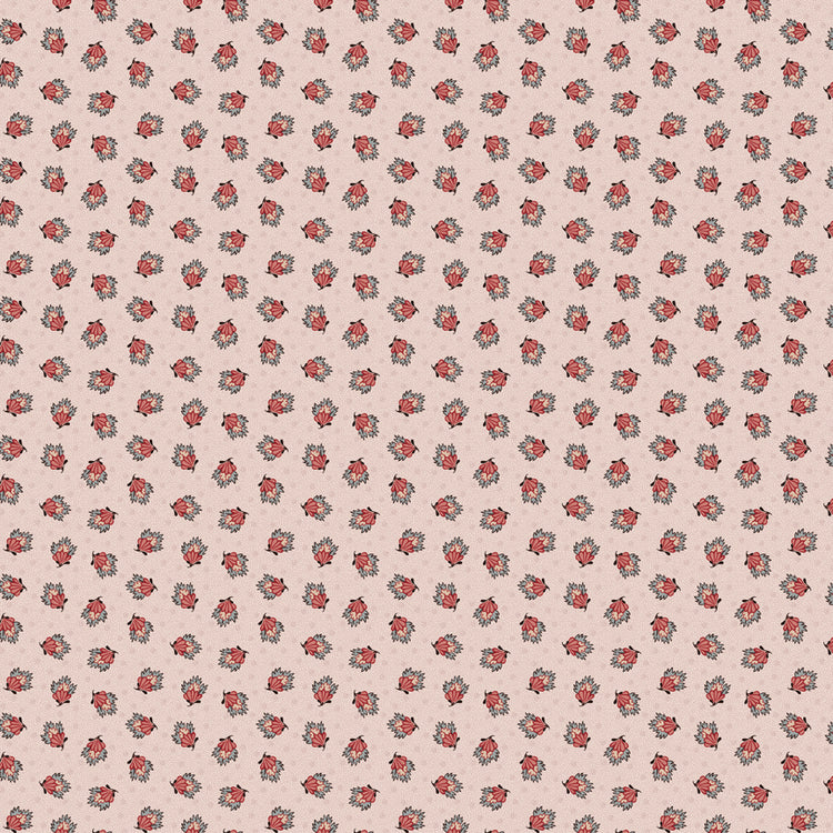 Northanger Abbey Frederick fabric with tiny coral and teal floral sprigs on a soft cream background.