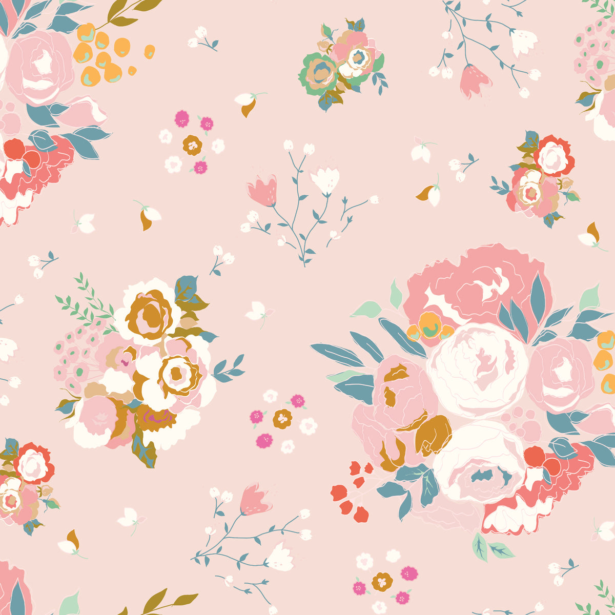 Cotton Nook Main Blush fabric with large colorful floral bouquets on a soft pink background.
