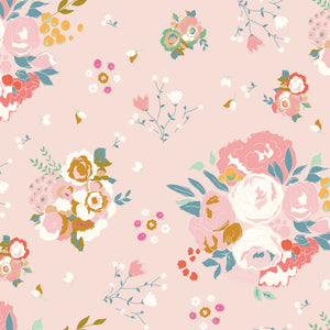 Cotton Nook Main Blush fabric with large colorful floral bouquets on a soft pink background.