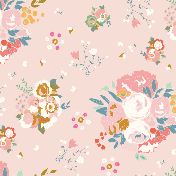 Cotton Nook Main Blush fabric with large colorful floral bouquets on a soft pink background.