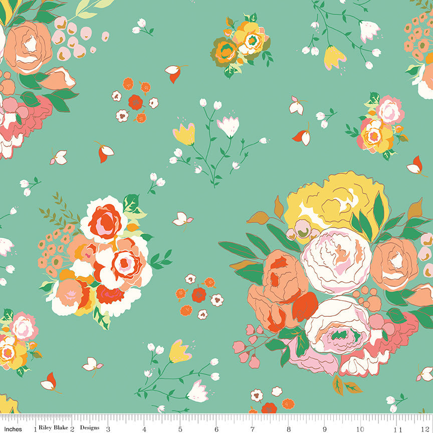 Cotton Nook Main Sea Glass fabric with colorful vintage floral bouquets on sea glass green with ruler for scale.