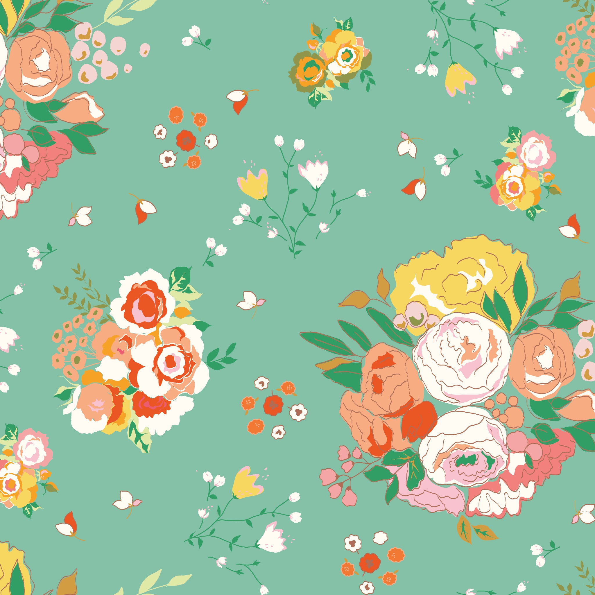 Cotton Nook Main Sea Glass fabric with colorful vintage floral bouquets on sea glass green.