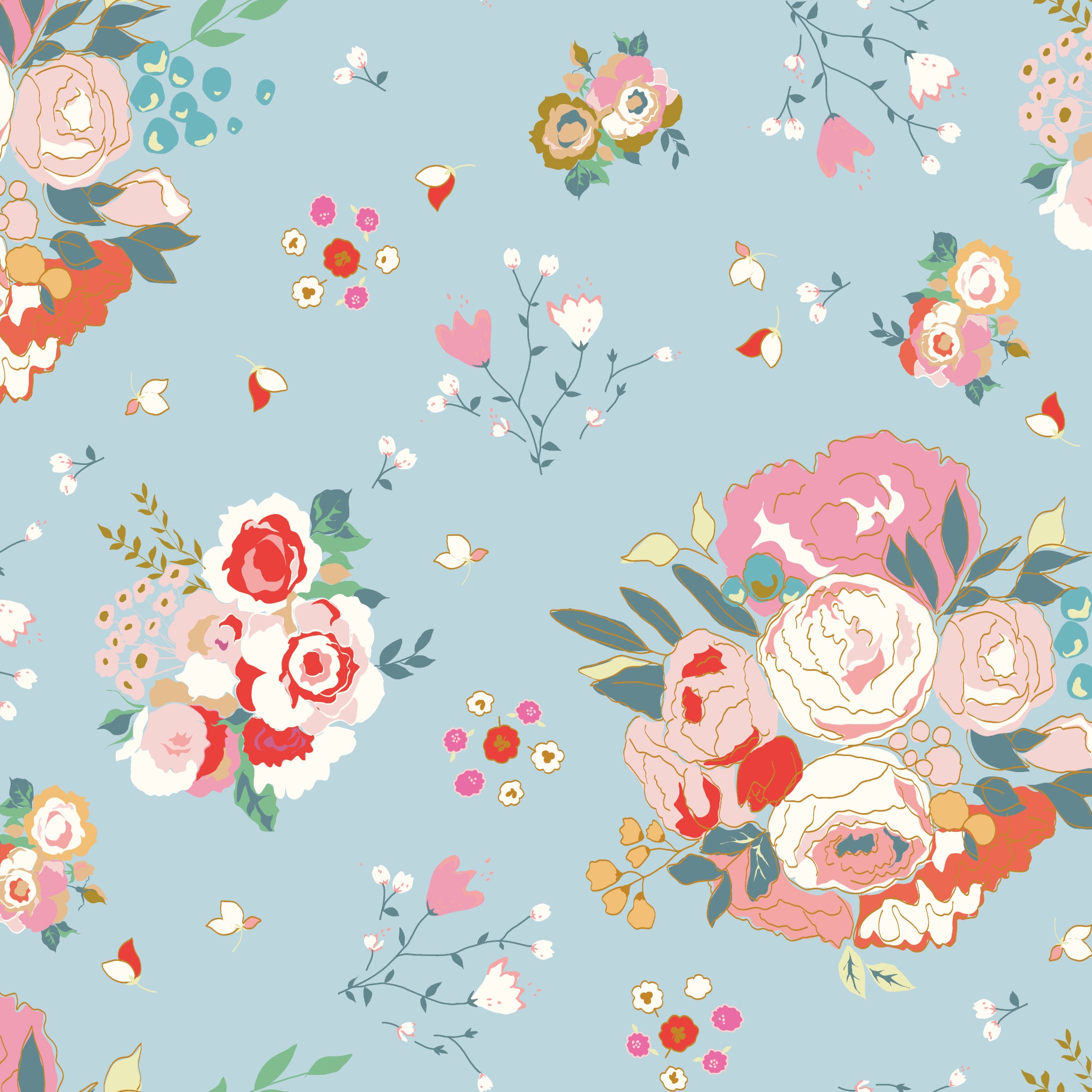Cotton Nook Main Sky fabric with large pink, cream and coral floral bouquets on soft blue.