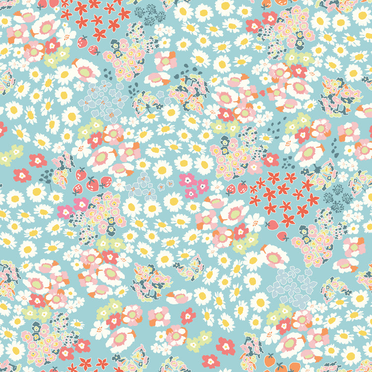 Cotton Nook Flowerbed Aqua fabric with daisies, strawberries and colorful flowers on aqua.