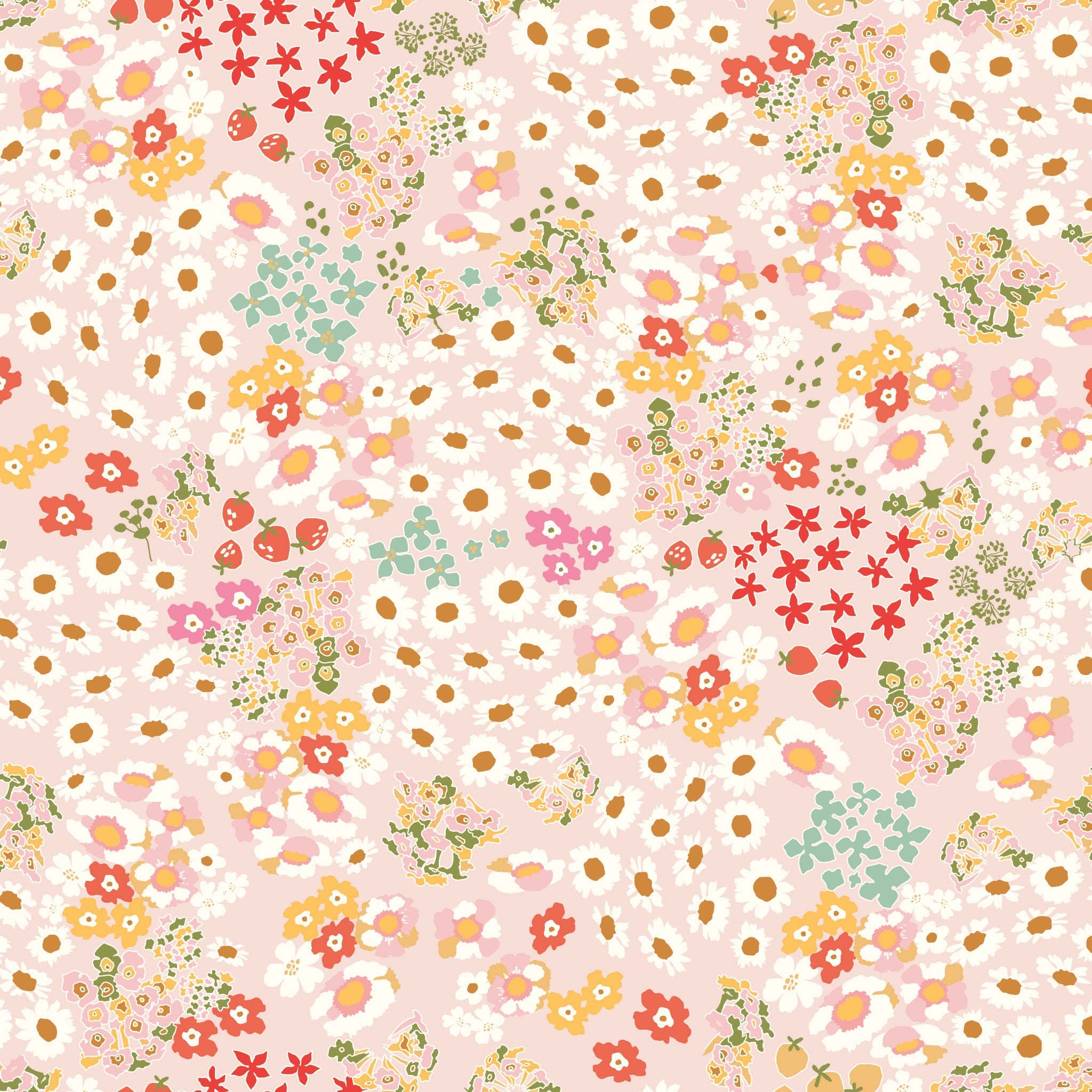 Cotton Nook Flowerbed Blush fabric with daisies, strawberries and mixed flowers on pale pink.