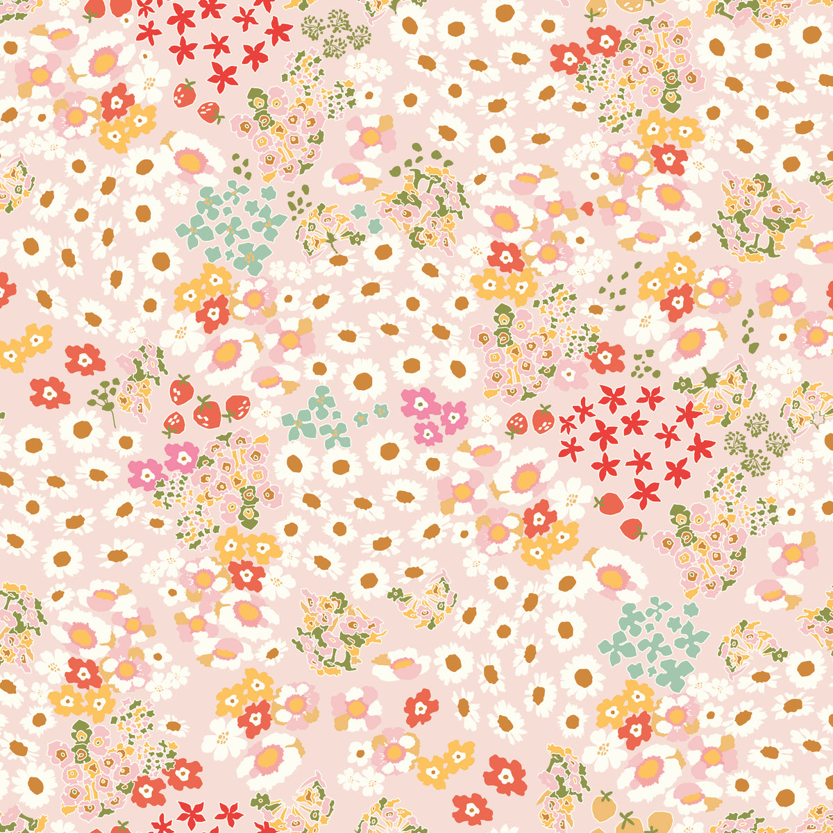 Cotton Nook Flowerbed Blush fabric with daisies, strawberries and mixed flowers on pale pink.