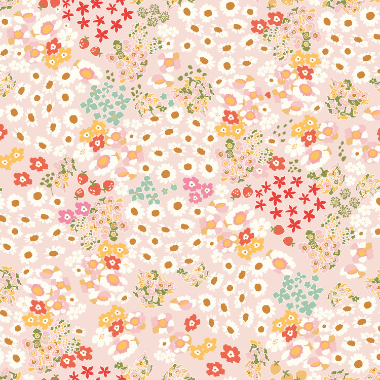 Cotton Nook Flowerbed Blush fabric with daisies, strawberries and mixed flowers on pale pink.