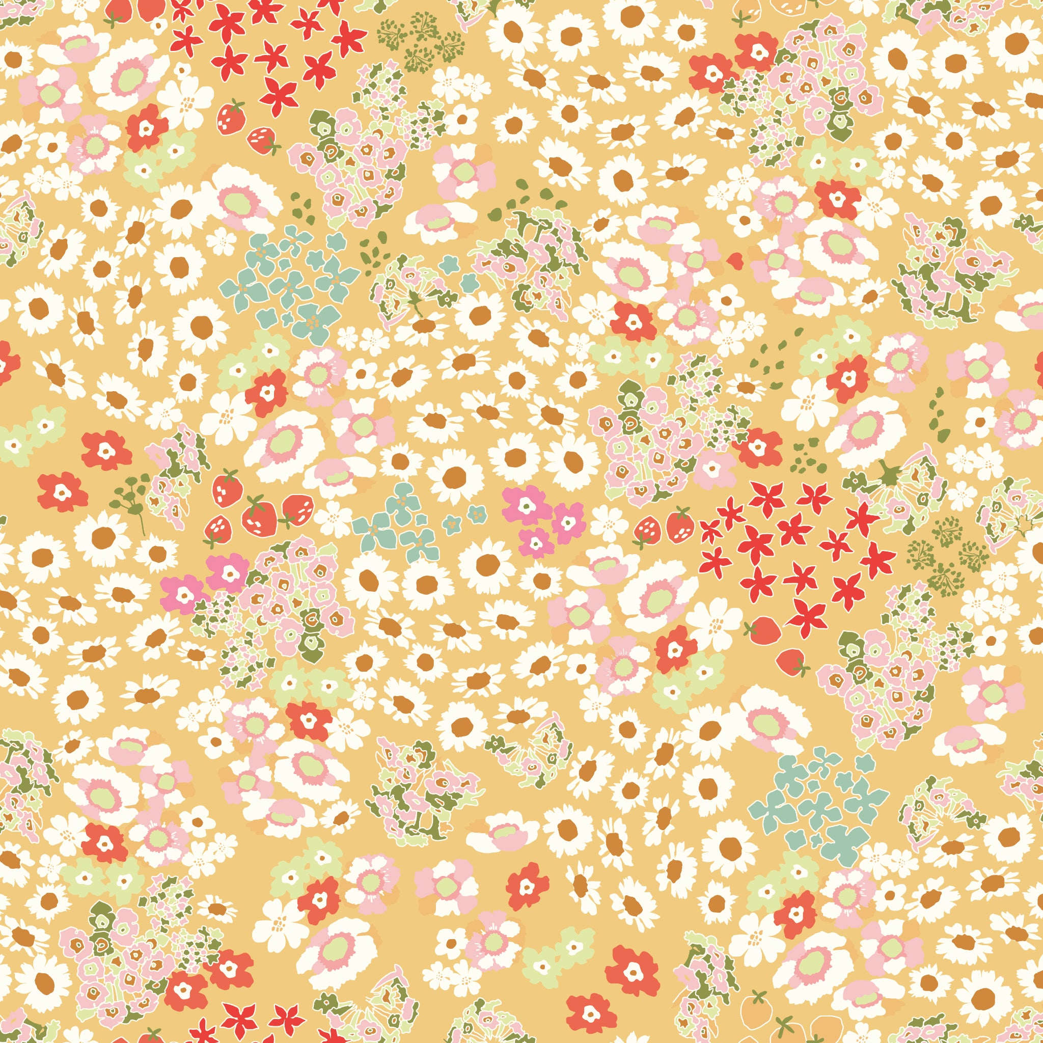 Cotton Nook Flowerbed Yellow fabric with daisies, strawberries and florals on sunny yellow.