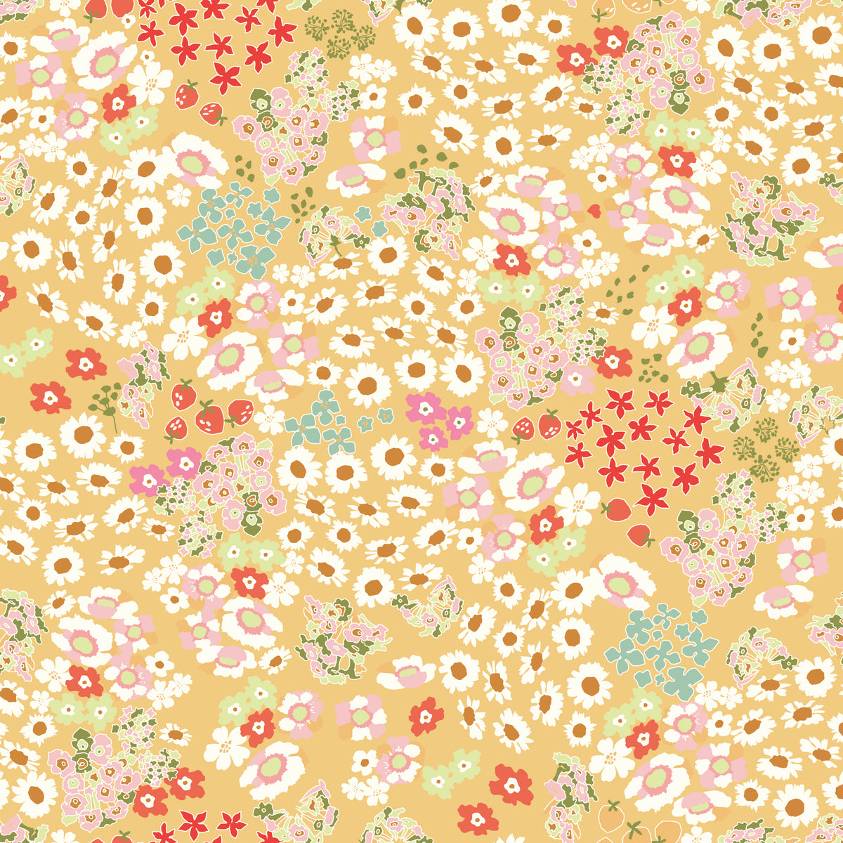 Cotton Nook Flowerbed Yellow fabric with daisies, strawberries and florals on sunny yellow.