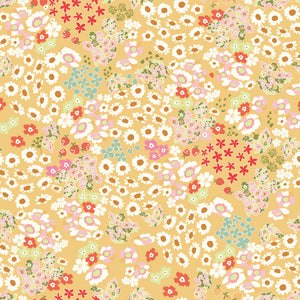 Cotton Nook Flowerbed Yellow fabric with daisies, strawberries and florals on sunny yellow.